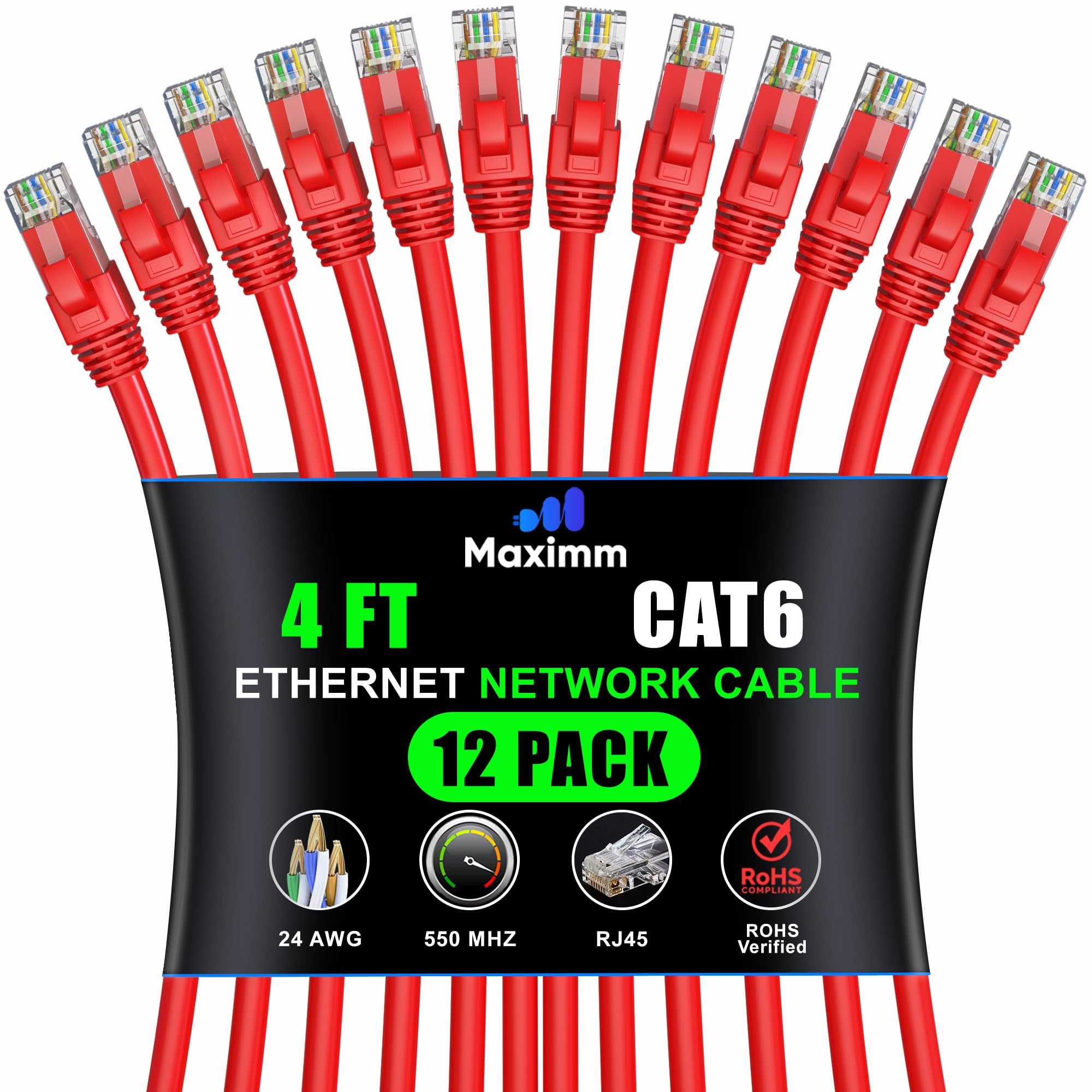 Maximm Cat 6 Ethernet Cable 4ft (12-Pack) - High-Speed 10Gbps LAN & Network Cable - Red UTP Patch Cord