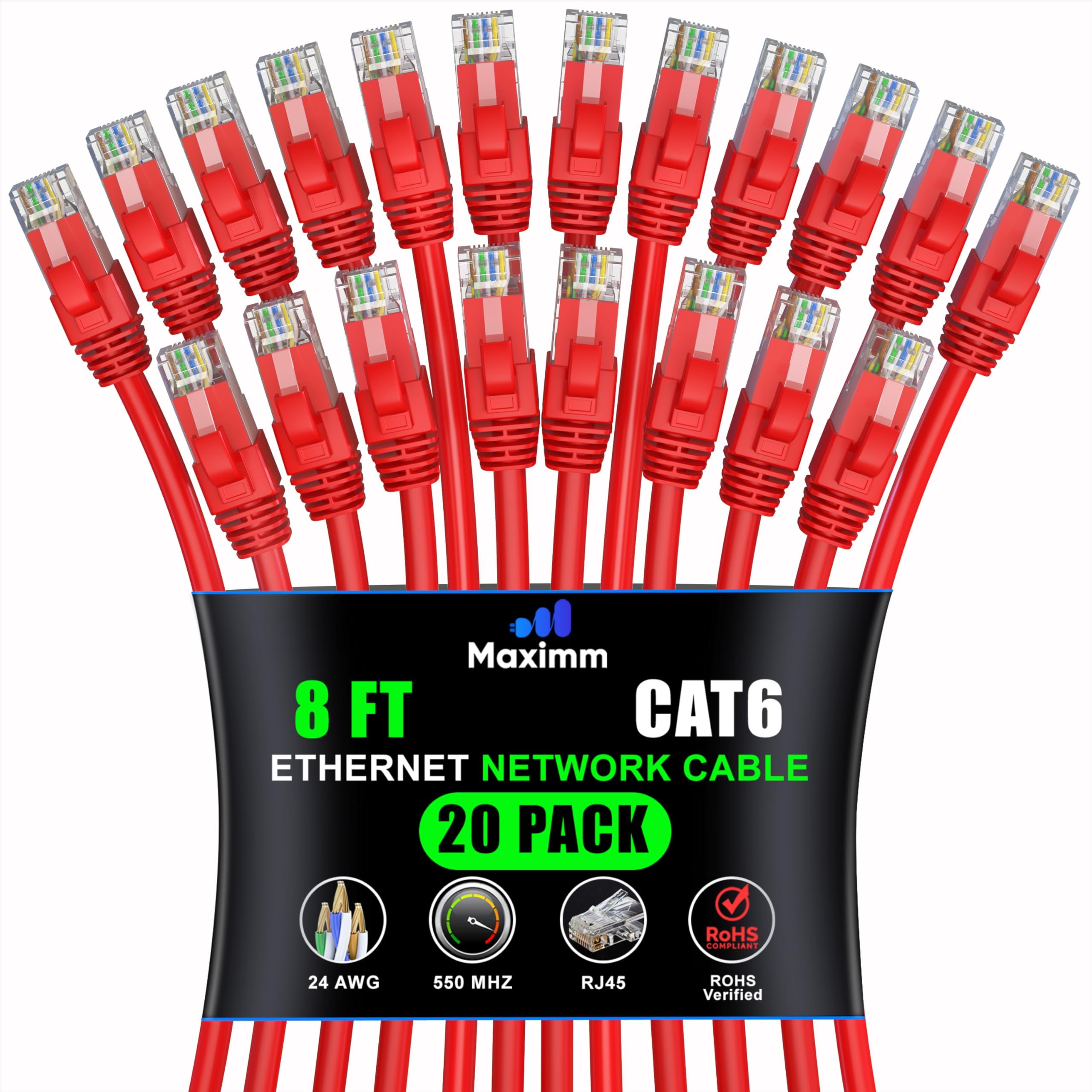 Maximm Cat 6 Ethernet Cable 8ft (20-Pack) - High-Speed 10Gbps LAN & Internet Patch Cables - Red UTP Network Cord