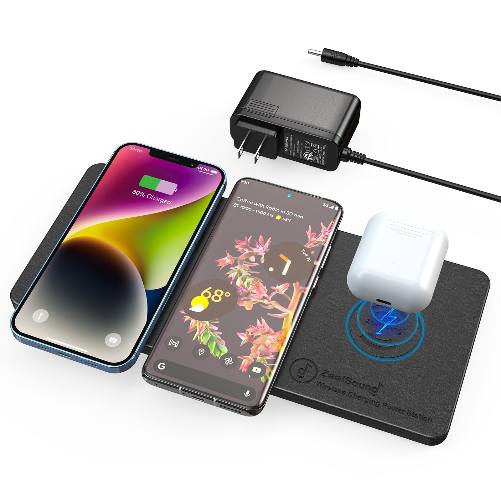 ZealSound Ultra-Slim Triple Wireless Charging Pad for 3 Devices & AirPods - Fast Charge, PU Leather, AC Adapter Included