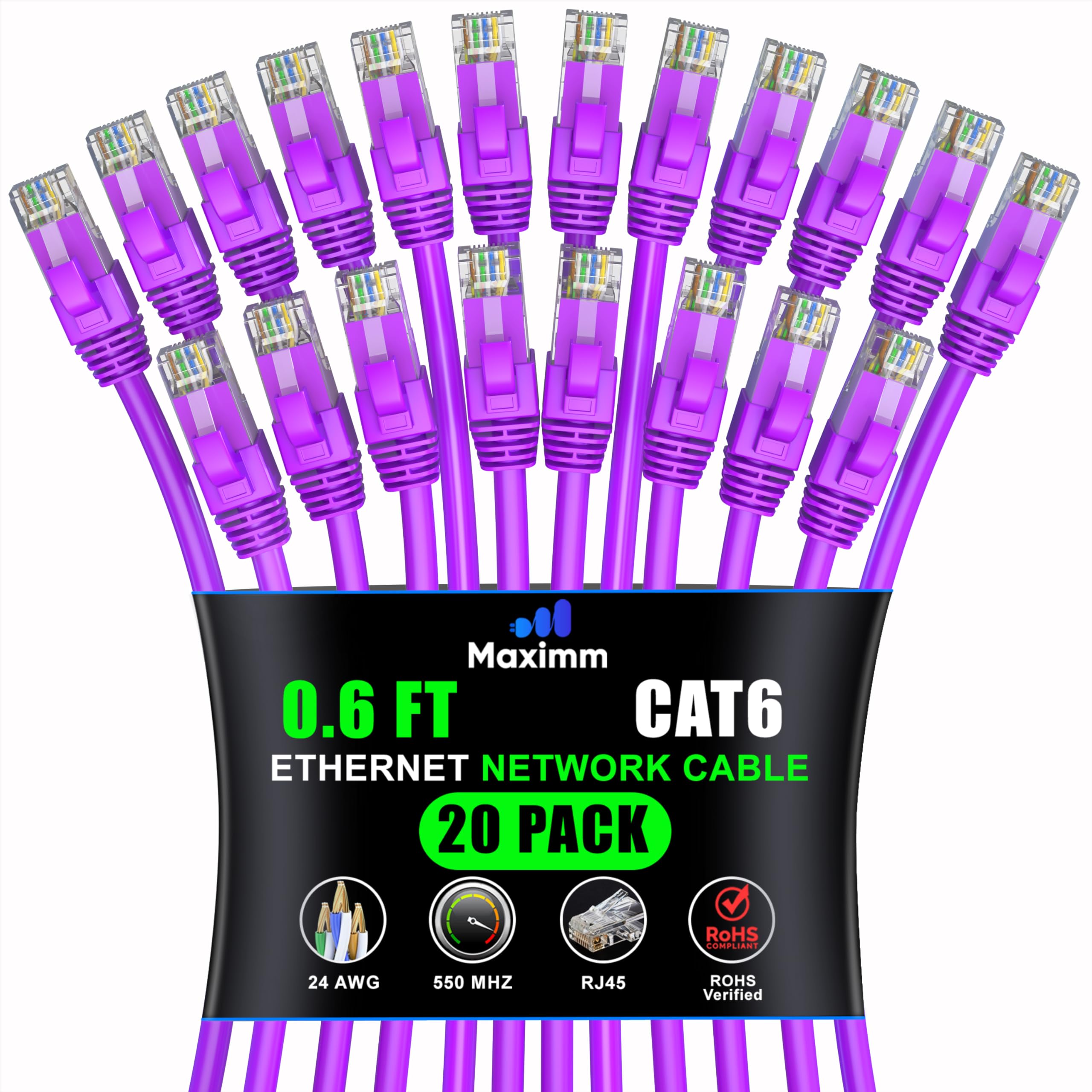 Maximm Cat 6 Ethernet Cable 0.6 ft (20-Pack) - High-Speed 10Gbps LAN & Network Cables in Purple