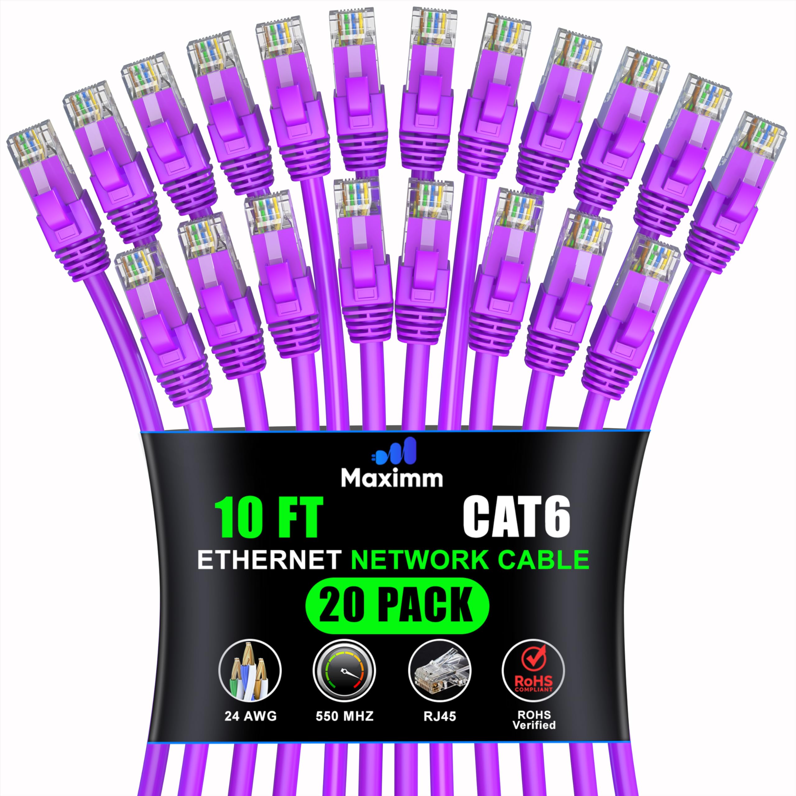 Maximm Cat 6 Ethernet Cable 10ft (20-Pack) - High-Speed 10Gbps Network Cable, UTP, 550MHz - Purple Patch Cable for Fast Internet