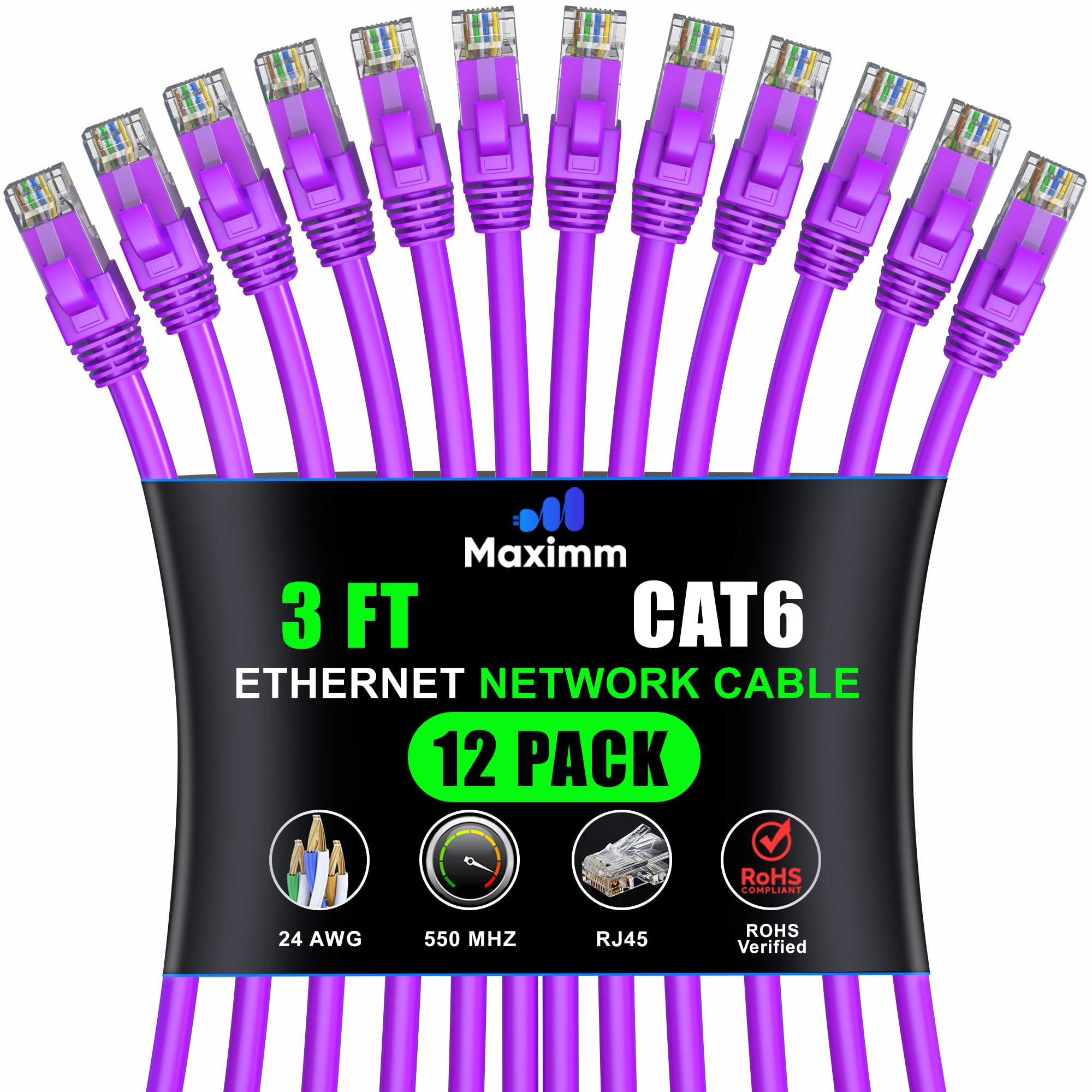 Maximm Cat 6 Ethernet Cable 3ft (12-Pack) - High-Speed 10Gbps Network Cable, UTP, 550MHz - Purple Patch Cord
