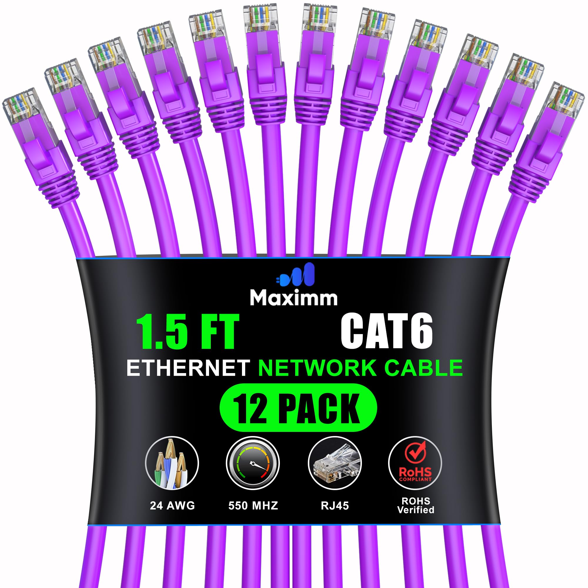 Maximm Cat 6 Ethernet Cable 1.5 ft (12-Pack) - High-Speed 10Gbps Network Patch Cables in Purple for Fast Internet