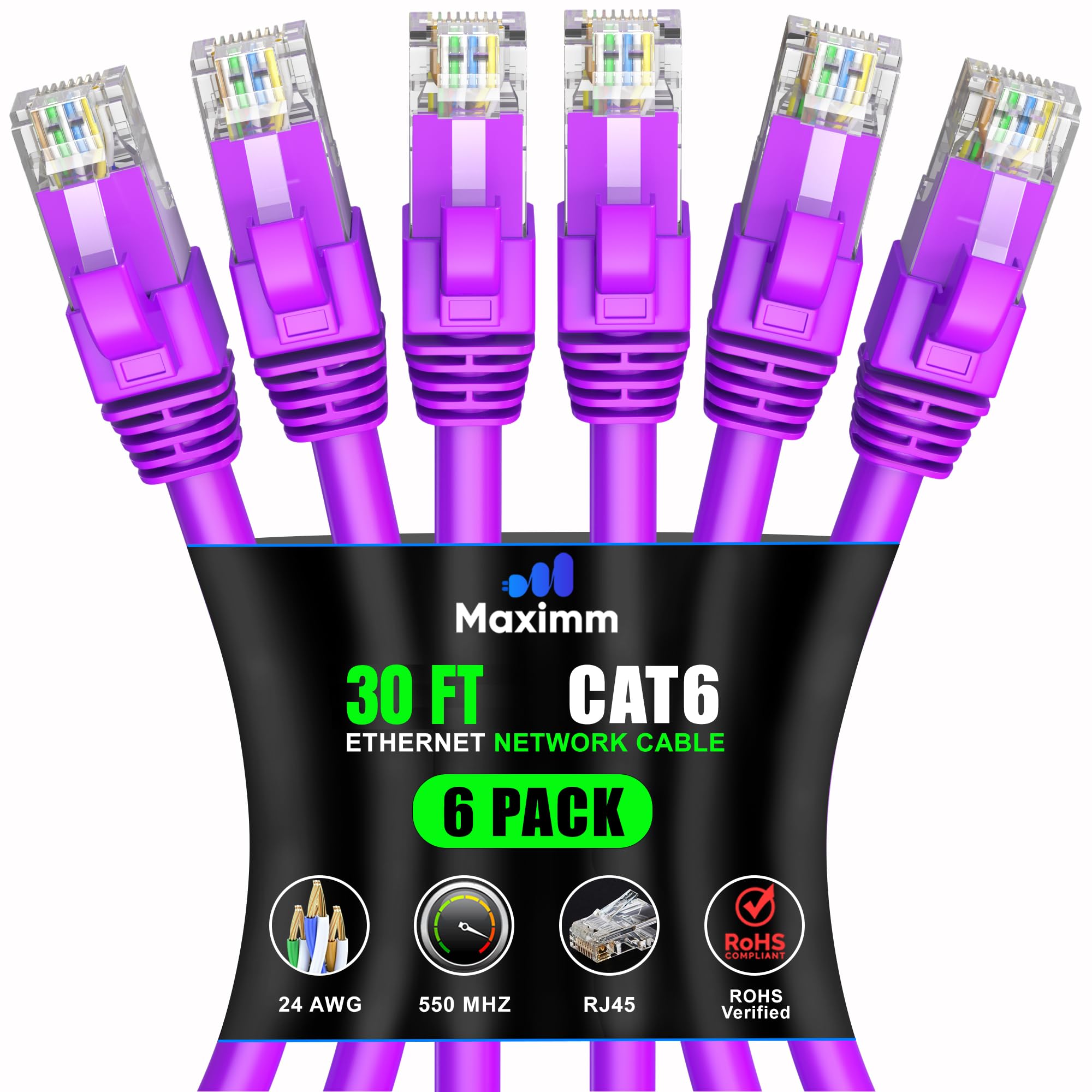 Maximm Cat 6 Ethernet Cable 30ft (6-Pack) - High-Speed 10Gbps Network Cable, UTP, 550MHz - Purple Patch Cord