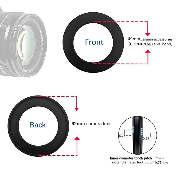 62mm to 49mm Camera Filter Ring Step Down Adapter for 49mm UV ND CPL Metal Filter - Image 5