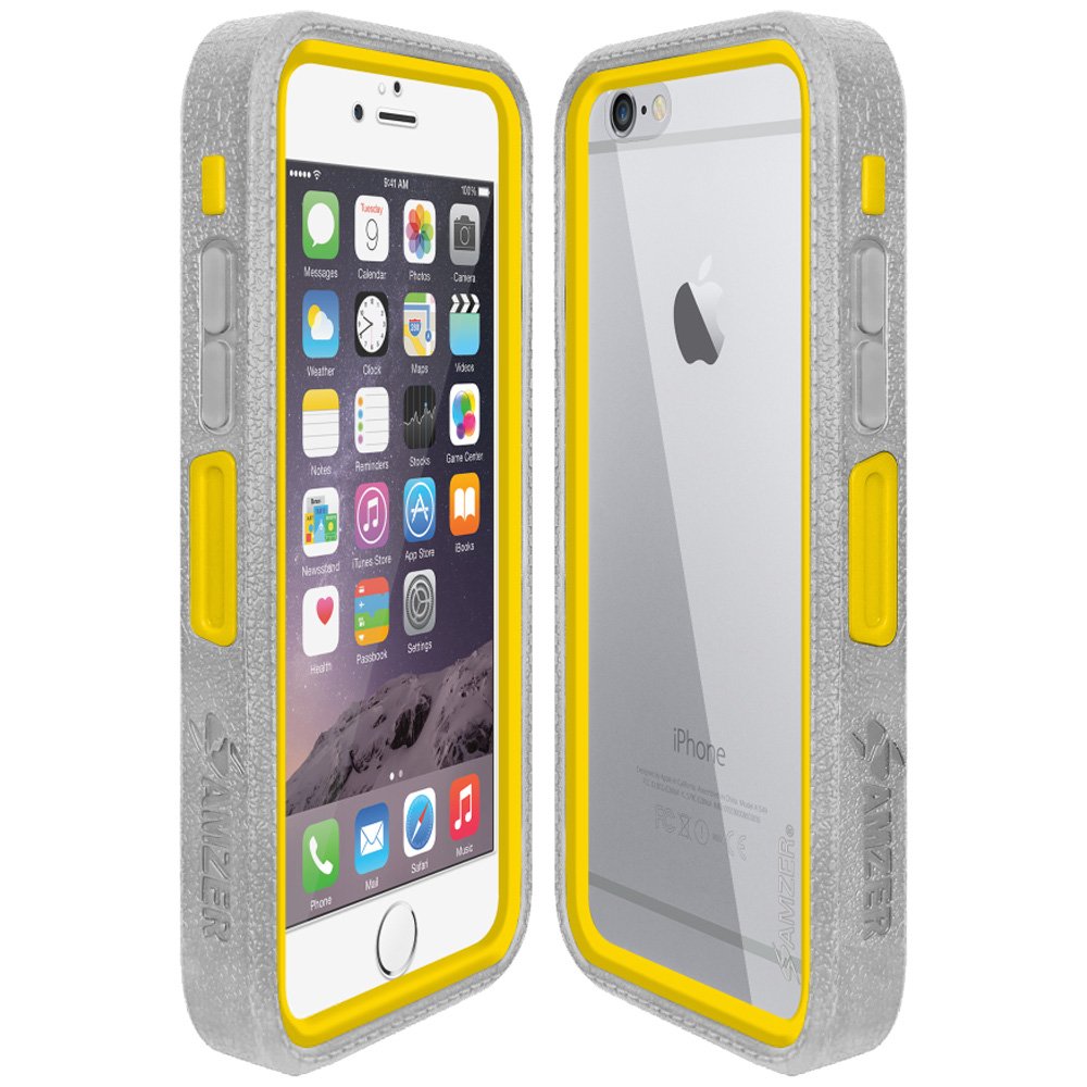 Amzer Amzer Crusta Rugged Tempered Glass Case for iPhone 6/6s - Grey & Yellow with Belt Clip Holster