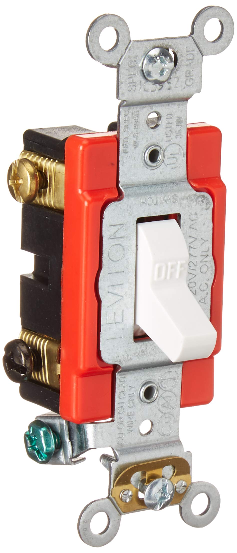 Leviton 1222-2W 20 Amp Toggle Switch: Heavy Duty, Self-Grounding, 120/277V AC - White