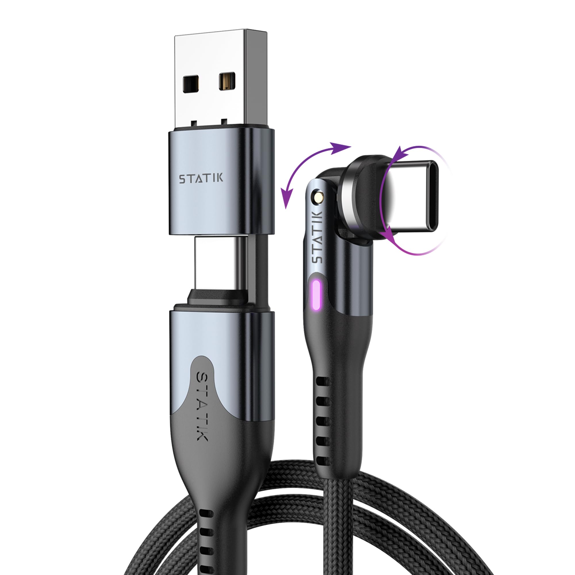 Statik PowerPivot Pro 100W USB C Fast Charging Cable - 6FT Right Angle Swivel Head Charger & Data Transfer Cord