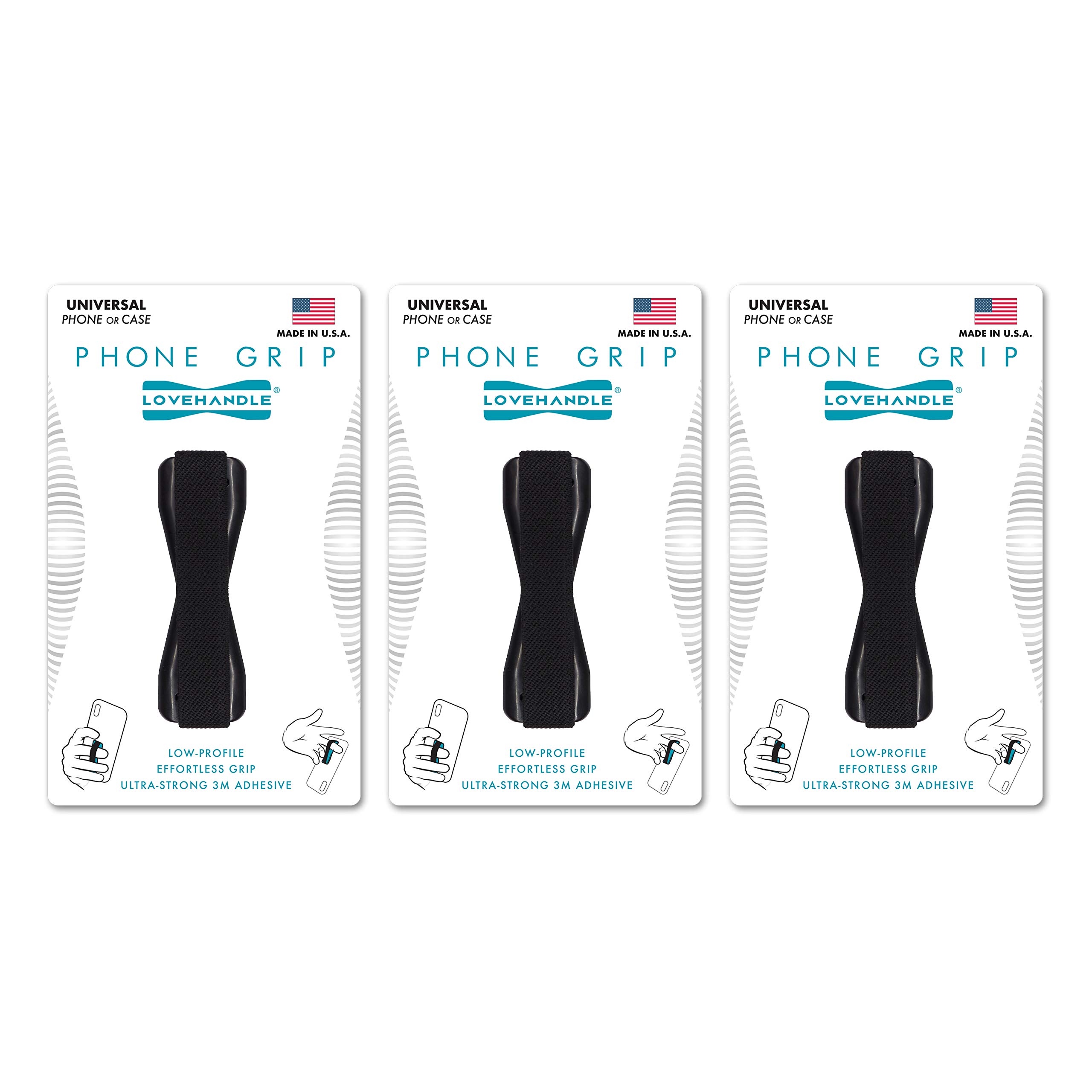 LOVEHANDLE Universal Phone Grip - Pack of 3 for Smartphones & Mini Tablets, Black Elastic Strap & Base