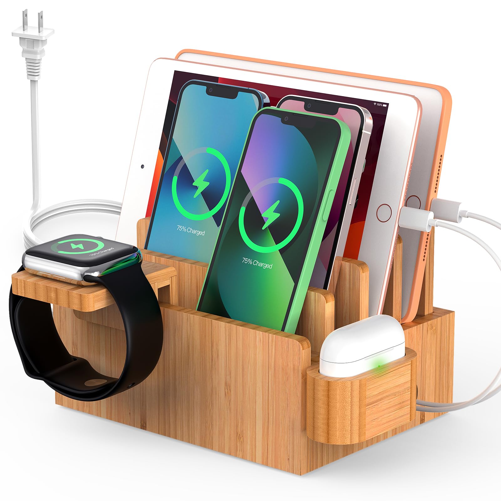 Pezin & Hulin Bamboo Charging Station: 5-Port USB Organizer for Phones, Tablets, Watches & Earbuds