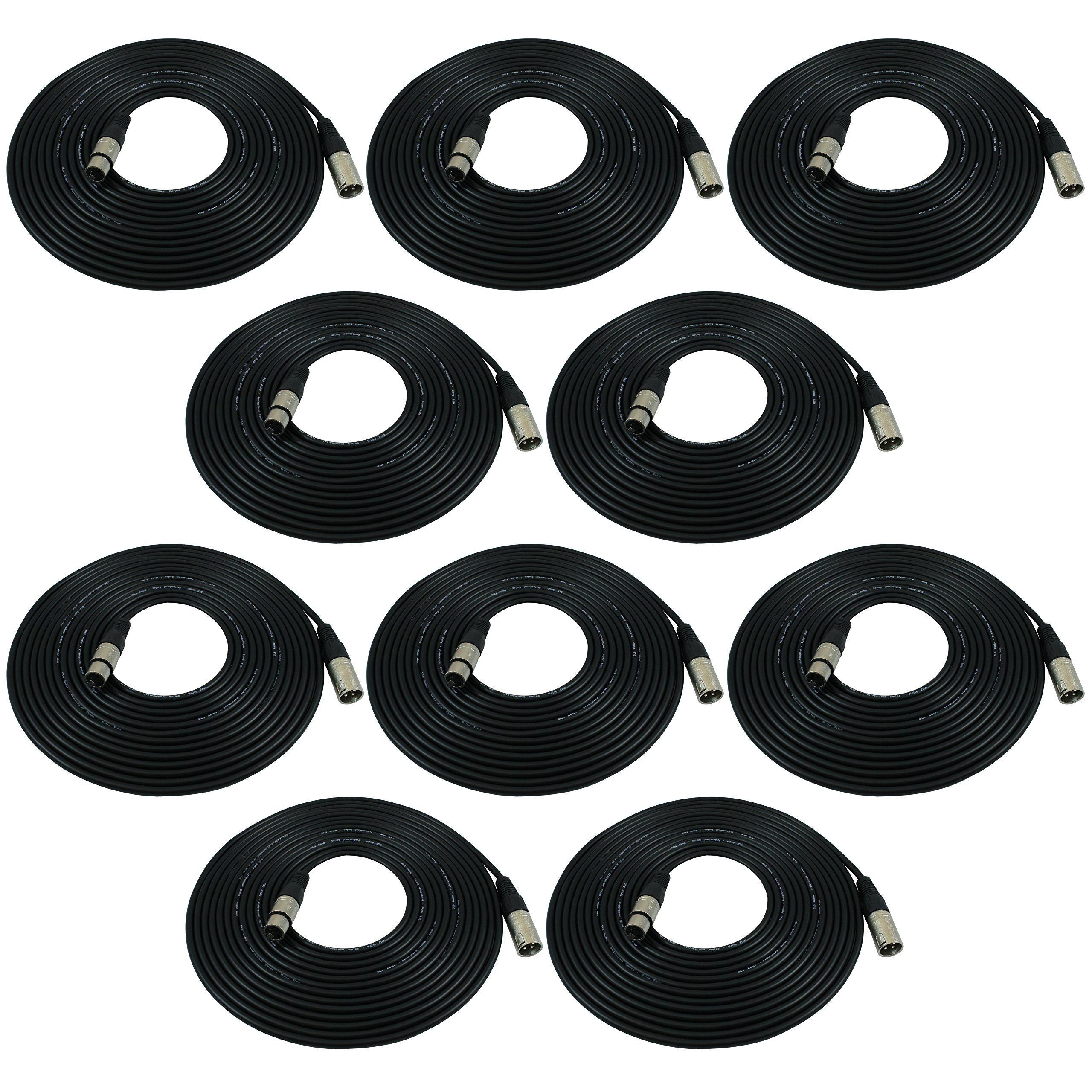 GLS Audio 25ft XLR Mic Cable 10-Pack - Balanced Black Microphone Patch Cords for Superior Sound Quality