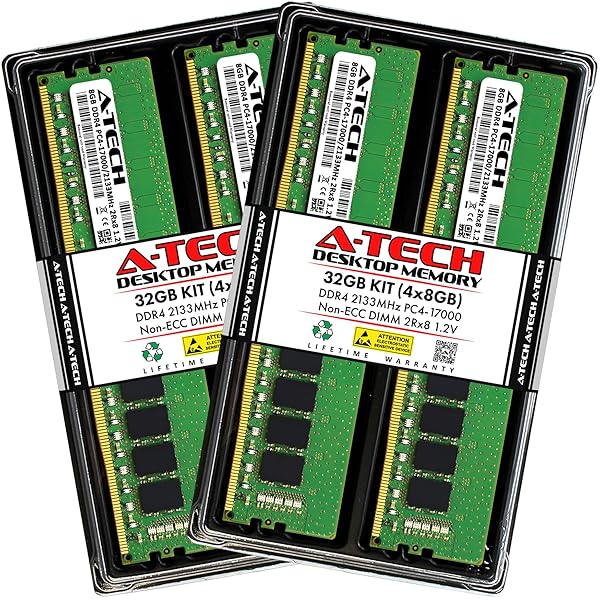A-Tech 32GB DDR4 2133MHz Desktop RAM Memory Upgrade Kit 4x8GB Non-ECC 288-Pin PC4-17000 CL15 1.2V