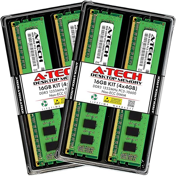 A-Tech A-Tech 16GB DDR3 RAM Kit 4x4GB 1333 MHz PC3-10600 Desktop Memory CL9 240-Pin UDIMM Non-ECC Upgrade Modules