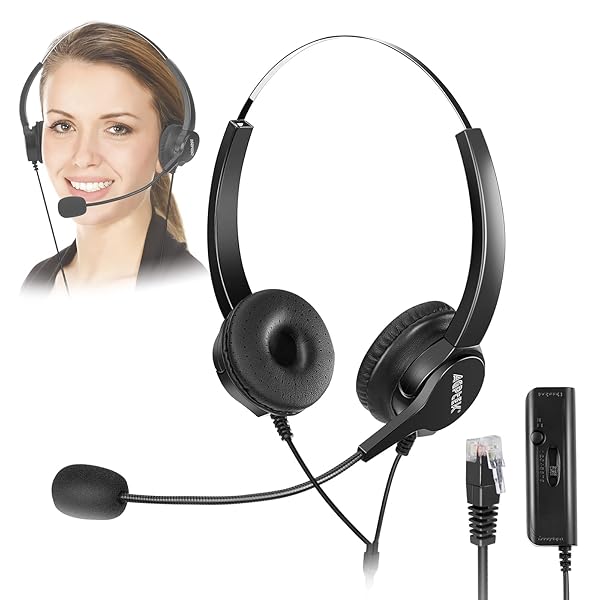 AGPTEK Hands-Free Call Center Noise Cancelling Corded Binaural Headset Headphone with 4-Pin RJ9 Crystal Head and Mic Microphone for Desk Phone - Telephone Counselling Services, Insurance, Hospitals