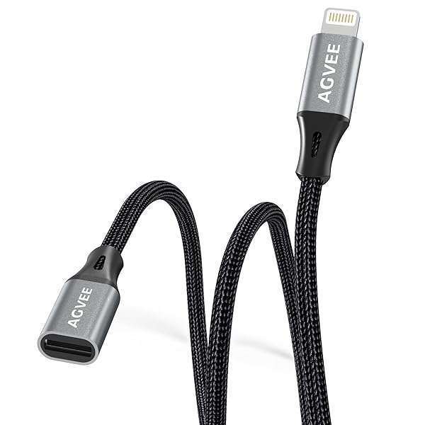 AGVEE 2 Pack 1ft Lightning Extension Cable - Braided Male to Female Adapter for iPhone & iPad, Data Sync & Charging, Dark Gray