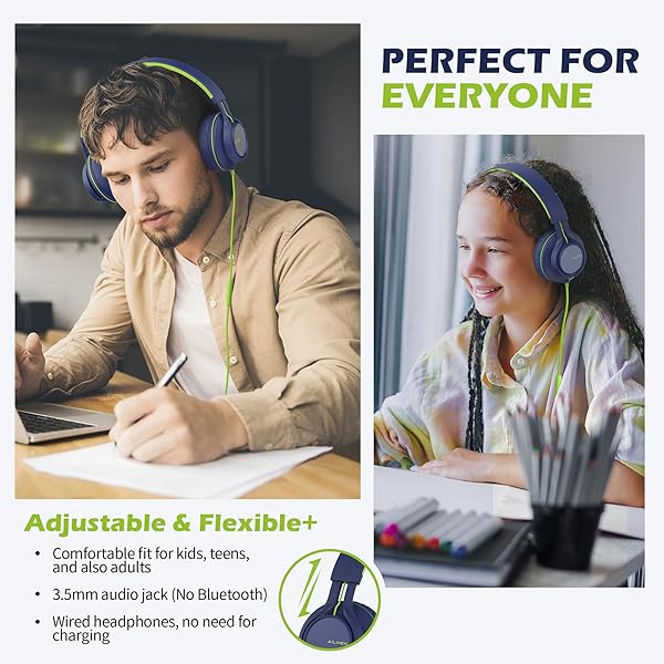 AILIHEN C8 Wired Headphones with Microphone and Volume Control for School Smartphones Laptops Tablets Airplane Travel Blue Green - Image 2