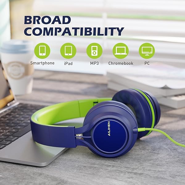 AILIHEN C8 Wired Headphones with Microphone and Volume Control for School Smartphones Laptops Tablets Airplane Travel Blue Green - Image 4