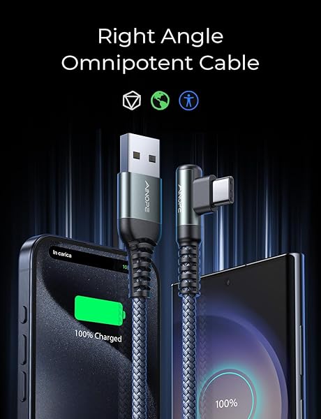 AINOPE USB C Cable 3.1A Fast Charger - Right Angle Braided Type C Cord for Galaxy S10, Note 10, iPhone 16 & More - Image 3
