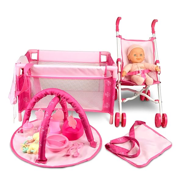 ANIVIA Baby Doll Stroller Set - Includes Stroller, Crib, Play Mat, Feeding Toy, Diaper Bag - Nursery Role Play Set (11" Doll Included)