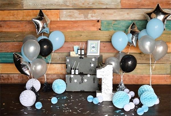 Shop AOFOTO 7x5ft Boy's 1st Birthday Backdrop - Wood Plank Wall & Balloons for Perfect Cake Smash Photos! - Image 2
