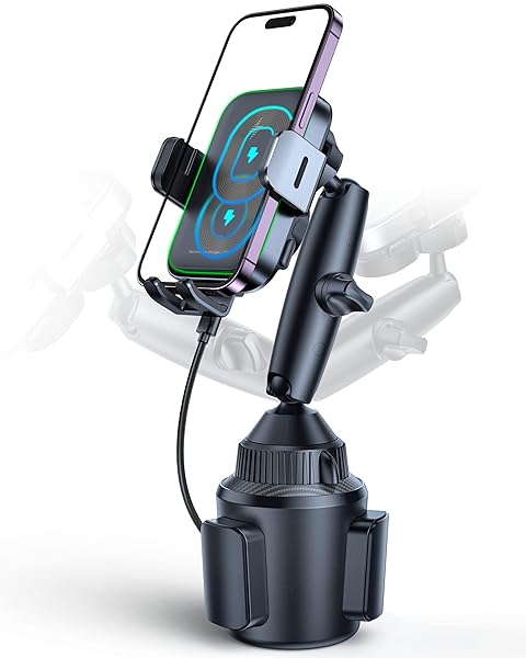 APPS2Car Dual Coil Wireless Car Charger Auto Clamping 15W Cup Holder Phone Wireless Charger Mount Fast Charge Tri-Pivots Height Adjustable Phone
