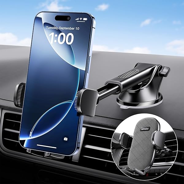 APPS2Car Suction Cup Phone Mount for Windshield Dashboard Air Vent Compatible with iPhone Samsung Thick Case Friendly