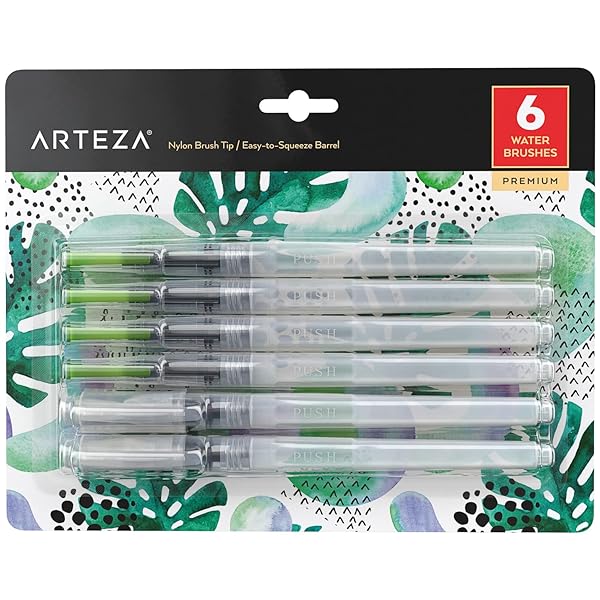 ARTEZA Water Brush Pen Set of 6 - Fine, Medium, Broad Tips | Self-Moistening & Refillable for Artists