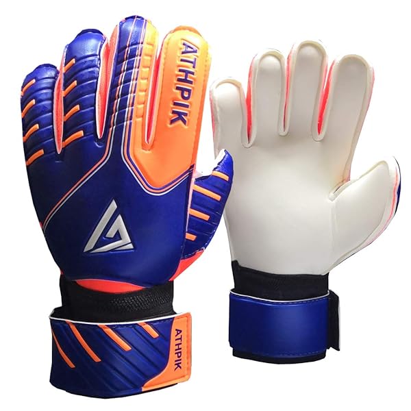 ATHPIK Junior Soccer Goalie Gloves - Indoor/Outdoor, Finger Spines Protection, Strong Grip for Kids & Youth (Blue, Size 7)