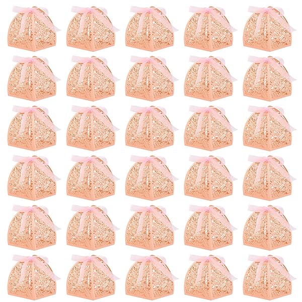 AUEAR 50 Pack Rose Candy Boxes 2.4x2.4 Laser Cut Chocolate Gift for Wedding Bridal Shower Anniversary Favors Pink