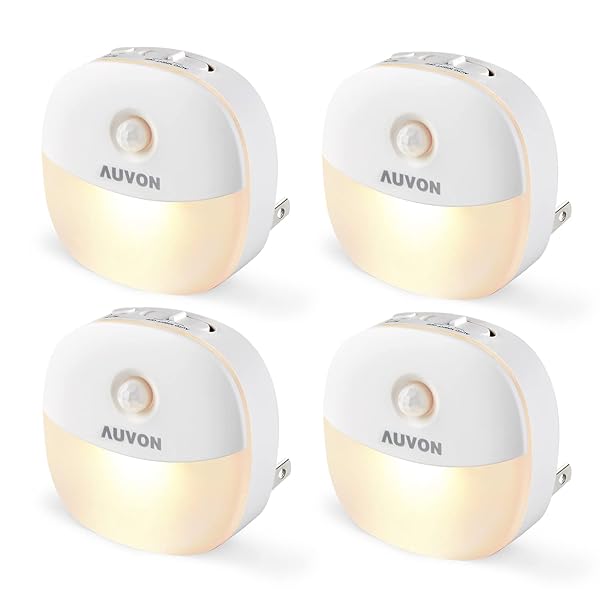 AUVON Plug in Night Light with Motion and Dusk to Dawn Sensor Adjustable Brightness for Bathroom Hallway Stairs Bedroom Kitchen 4 Packs