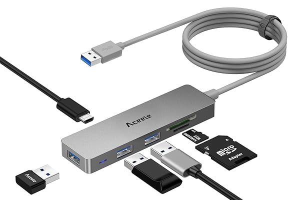 Aceele Aceele 5Gbps USB 3.0 Hub, 6 in 1 Ultra Slim Data USB Hub with 4ft Extended Long Cable, USB Multiport Hub with Micro USB Powered Port, SD/TF Card Slot Port, Compatible for PC, Laptop, MacBook