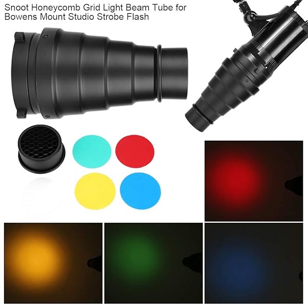 Acouto Bowens Aluminium Alloy Snoot with Honeycomb Grid and 4 Color Gels for Studio Strobe Flash Lighting Direction - Image 4
