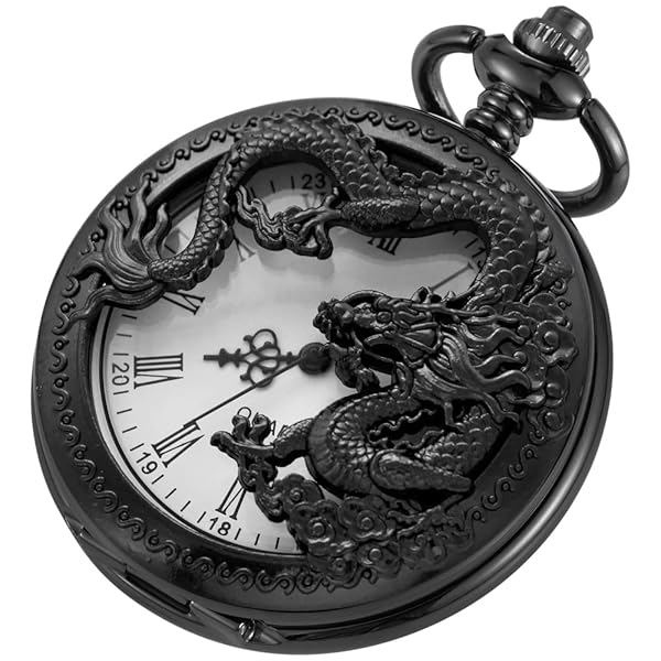 Alwesam Black Dragon Design Quartz Pocket Watch Roman Numerals with Chain Birthdays Gifts for Father's Days