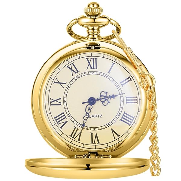 Alwesam Smooth Quartz Pocket Watch with Chain Roman Numerals Scale(Full Gold)