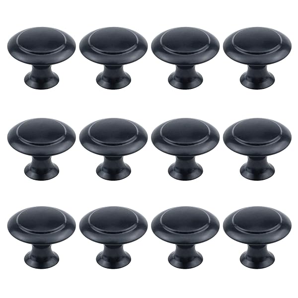 Antrader Flat Black Cabinet Hardware Round Knob 1 Inch Diameter 12 Pack with Mounting Screws for Kitchen and Bathroom Cabinets