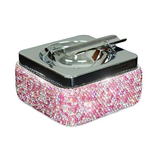 Stylish Pink Stainless Steel Ashtray with Lid & Crystal Diamonds - Perfect for Indoor/Outdoor Use & Home Office Decor