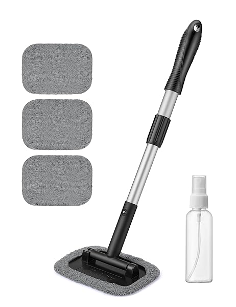 AstroAI Windshield Cleaner Microfiber Car Window Cleaner with Reusable Washable Pads and Extendable Handle Auto Glass Wiper Kit Gray