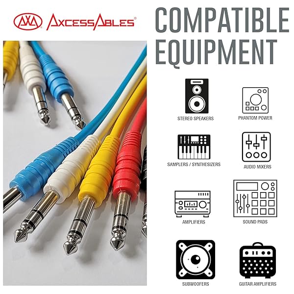 AxcessAbles 10ft 1 4" TRS to 1 4" Balanced Stereo Patch Cables - 6 Pack | 6.35mm TRS Speaker Patch Cords - Image 2