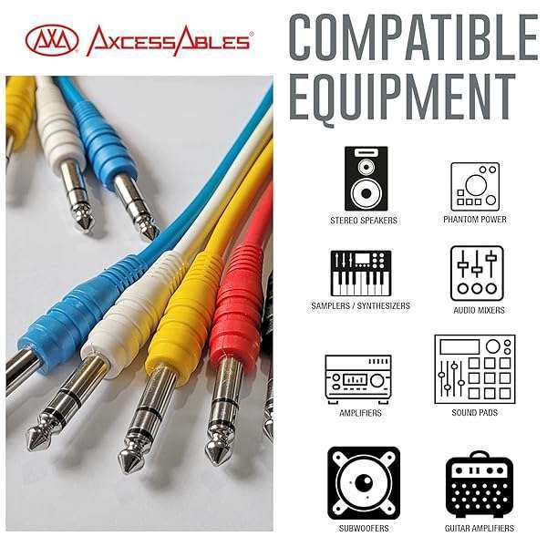 AxcessAbles 1/4 TRS Multi-Color Stereo Patch Cables 6-Pack for Studio & Effects (1.5ft) - Image 4