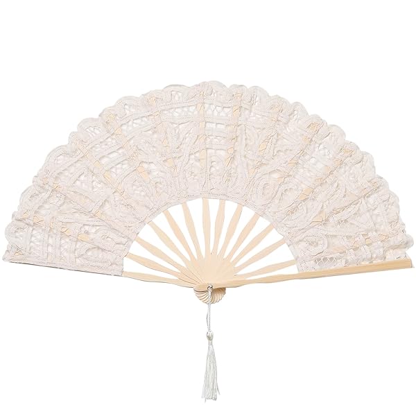 BABEYOND Cotton Lace Folding Handheld Fan Embroidered Bridal Hand Fan for Weddings and Dancing Parties