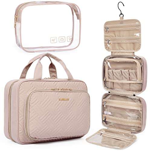 Shop BAGSMART Hanging Toiletry Bag - TSA Approved Makeup Organizer for Full-Sized Toiletries in Medium Pink