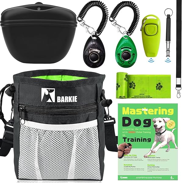 BARKIE Dog Training Kit with Treat Pouch Fanny Pack Clickers Whistle Guide and Poop Bags for Effective Puppy Training