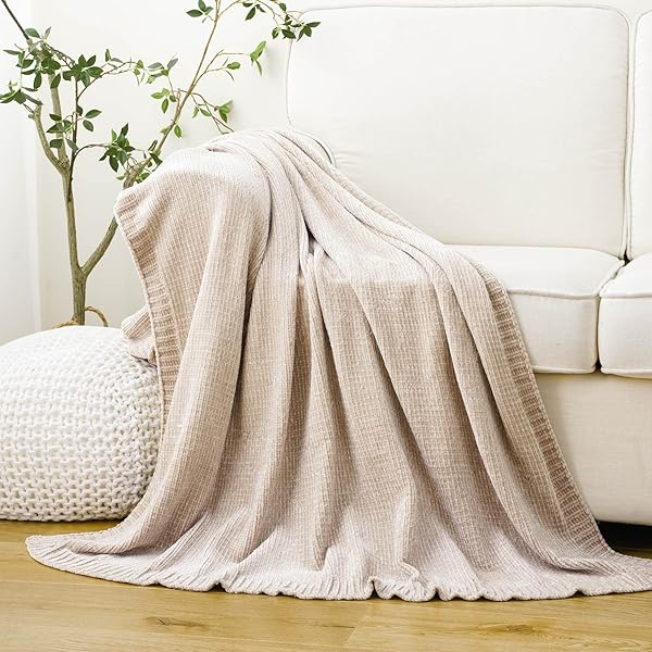 BATTILO HOME Cozy Beige Chenille Knit Throw Blanket for Couch and Sofa 51x67 Perfect for Home Decor - Image 5