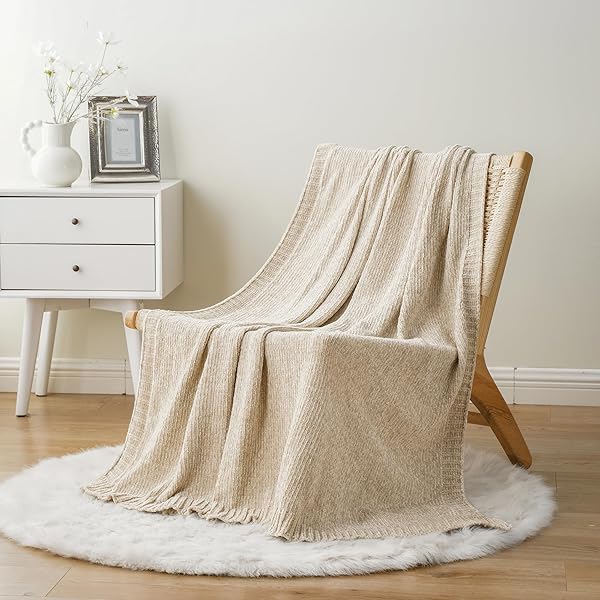 BATTILO HOME Cozy Beige Chenille Knit Throw Blanket for Couch and Sofa 51x67 Perfect for Home Decor - Image 6