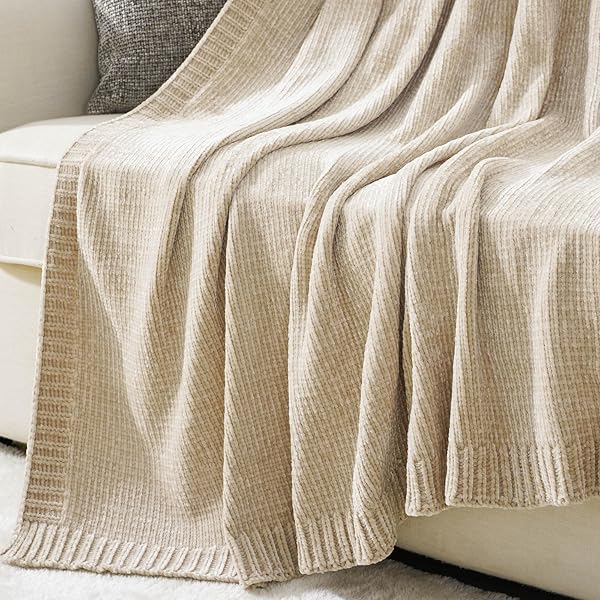 BATTILO HOME Cozy Beige Chenille Knit Throw Blanket for Couch and Sofa 51x67 Perfect for Home Decor - Image 7