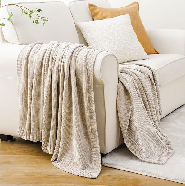 BATTILO HOME Cozy Beige Chenille Knit Throw Blanket for Couch and Sofa 51x67 Perfect for Home Decor
