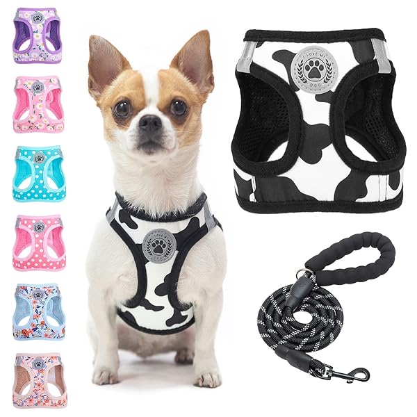 BEAUTYZOO Small Dog Harness and Leash Set Cow Print No Pull Reflective Soft Padded Mesh Vest for XXS XS S Dogs and Cats