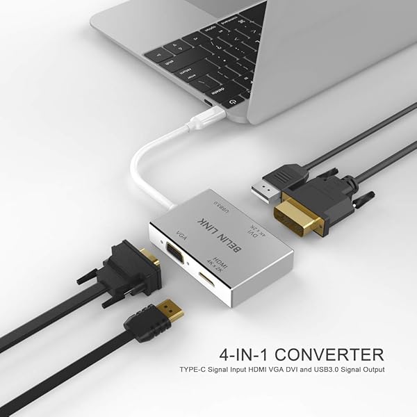 BELIN LINK USB-C to HDMI DVI VGA Adapter - 4-in-1 Hub for MacBook Pro, Surface Pro & More | 4K Thunderbolt 3 Compatible - Image 4