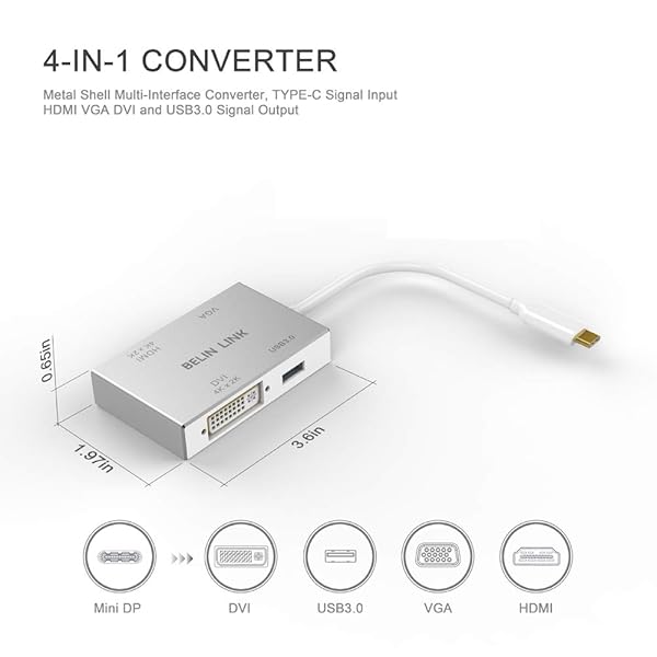 BELIN LINK USB-C to HDMI DVI VGA Adapter - 4-in-1 Hub for MacBook Pro, Surface Pro & More | 4K Thunderbolt 3 Compatible - Image 6