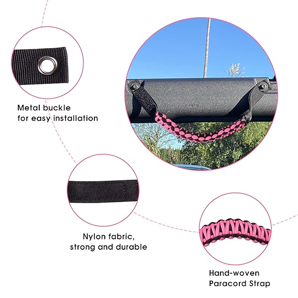 BESTAOO Roll Bar Grab Handles Paracord Grip Handle for Ford Bronco 2021 to 2025 2 Door 4 Door 4 Pack in Pink - Image 4